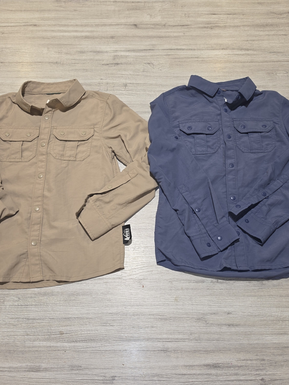 REI Co-op Long Sleeve Button Down Shirt Youth Bundle Tan and Navy Boys Size 8 C7